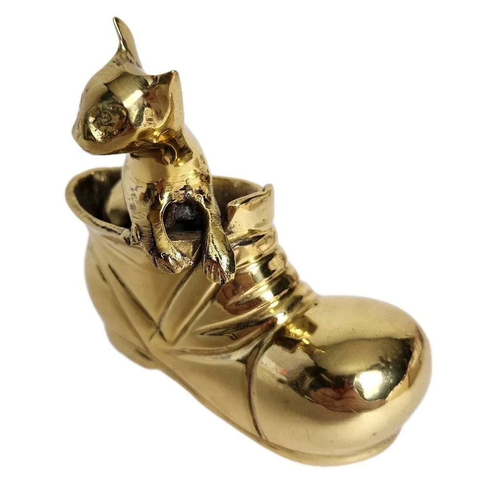 Vintage Brass Cat in Boot Figurine Heavy Kitten Shoe Gold Trinket Paperweight